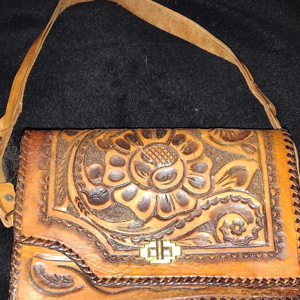 Vintage Sunflower Hand-Tooled Genuine Leather - Hand bag ** Natural RARE